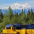 Denali Star locomotive in front of Mt. McKinley.
